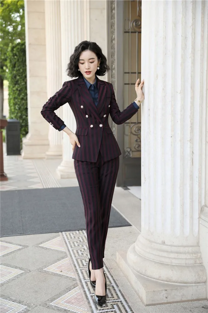 Wine Striped High Quality Fabric Novelty Wine Striped Women Business Suits with Pants and Blazer Coat Autumn Winter Professional Pantsuits - Цвет: Wine Striped