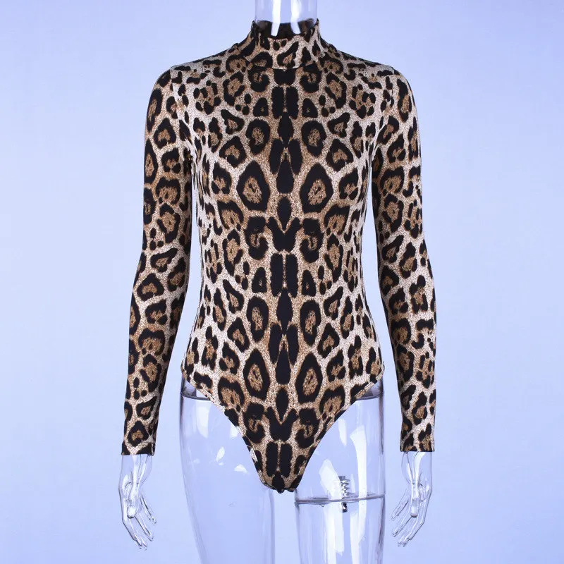 Leopard LVINMW, сексуальные леопардовые принты, бодикон, боди,, весна, для женщин, длинный рукав, ложный ворот, облегающий костюм, шорты, комбинезоны - Цвет: Leopard