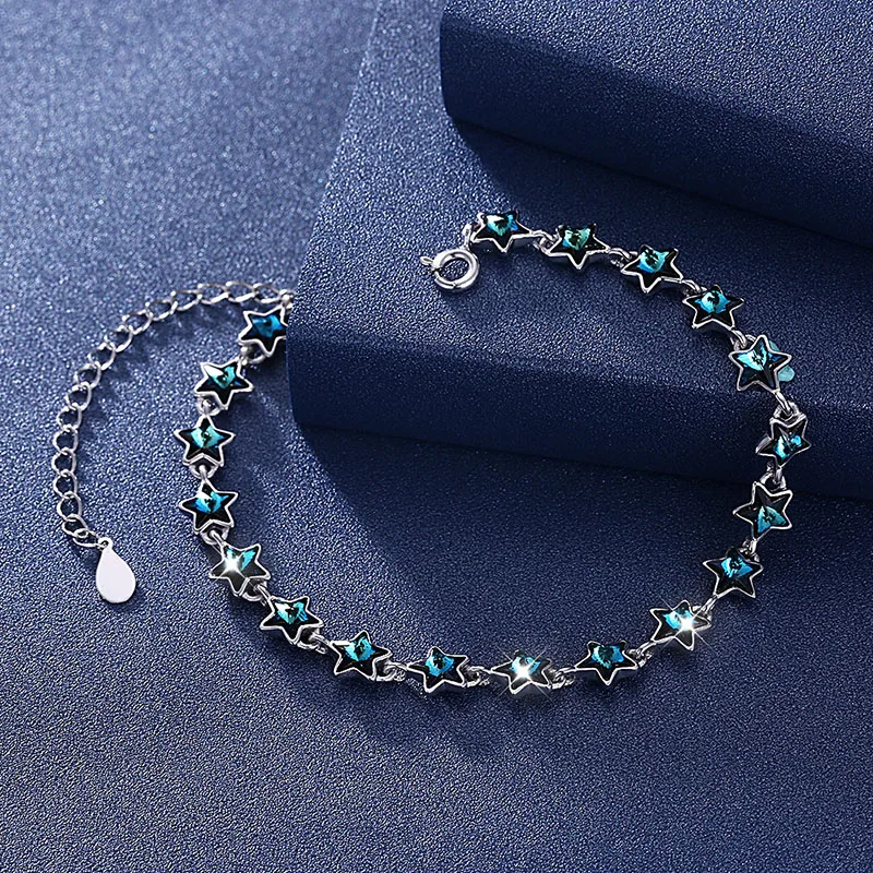 Женский браслет с голубым кристаллом Swarovski из стерлингового серебра 925 пробы