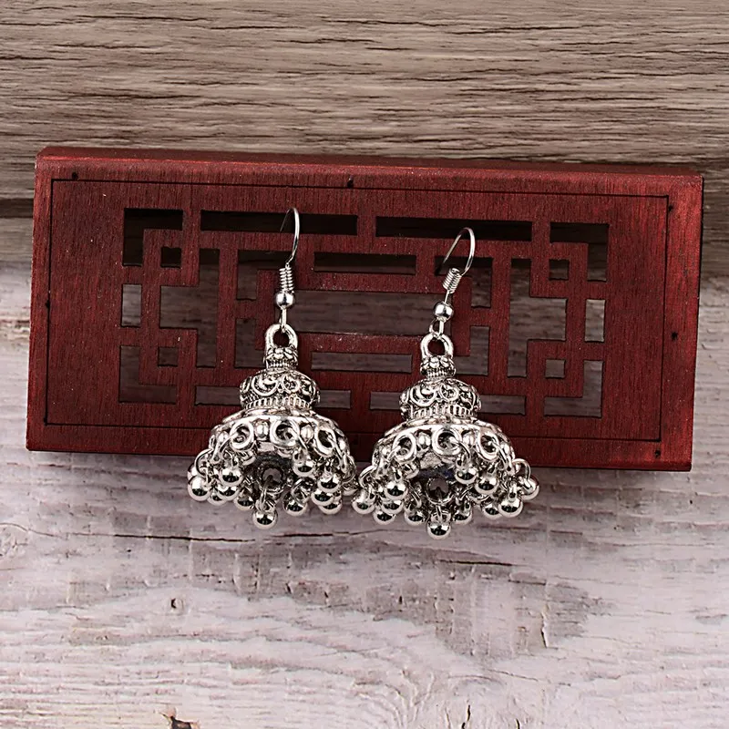 TopHanqi, серебряный цвет, античный этнический индийский Jhumka Jhumki, женские серьги, богемные серьги-капли для женщин, цыганские украшения