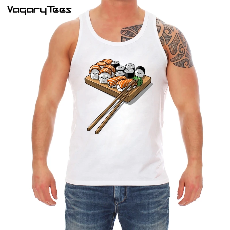 

VagaryTees 2019 Fashion Cartoon food Sushi Design Men Tank Tops Funny Printed boy O-Neck Slim Vest