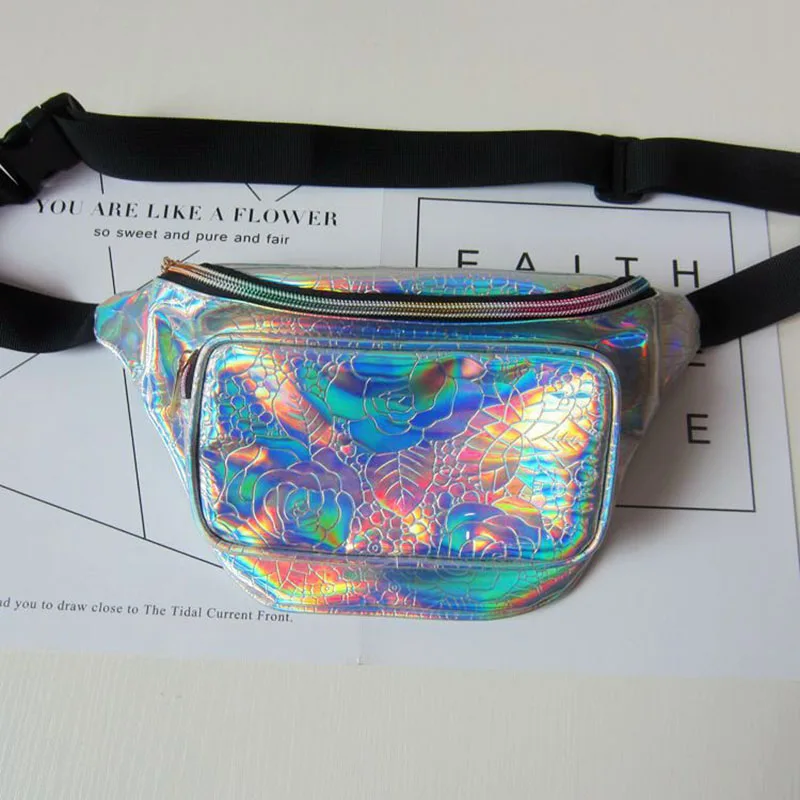 Holographic Blue Fanny Pack Laser Waist Packs Hip Bag Women's Rainbow Bags Unisex Flower Fannie for Women |