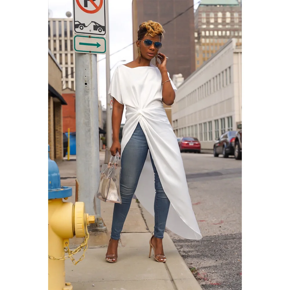 Solid Fashion Irregular Women Tshirt Office Lady Slash Neck Tee Shirt Femme Short Sleeve Summer Tunic Tops