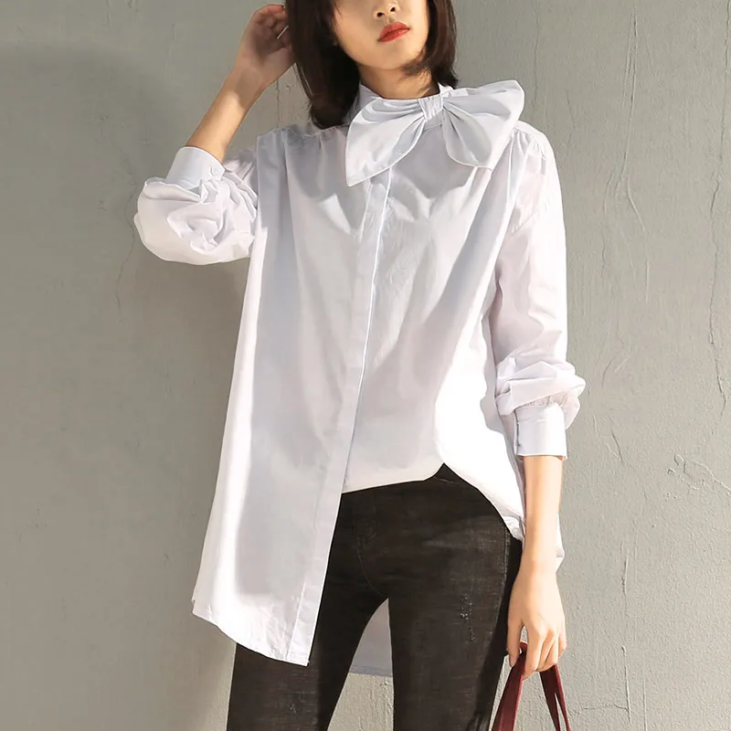 Галстук-бабочка дизайнер белая хлопковая блуза Для женщин длинный рукав
