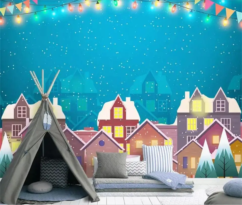 

Пользовательские 3D фото обои роспись детская комната диван фон обои Рождество коттедж мечта огни живопись обои домашний декор