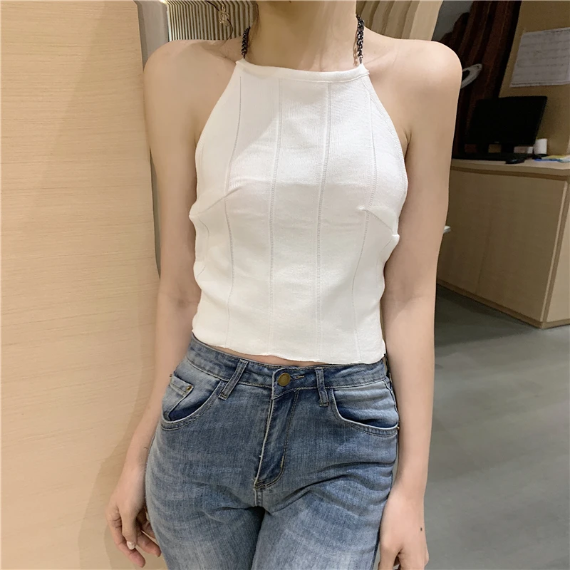 Трикотажные майки Для женщин тонкий Вязание с лямкой на шее; Camisole Топы Женский цепь ремни кроп топы на бретельках, без рукавов, футболки Одежда для девочек