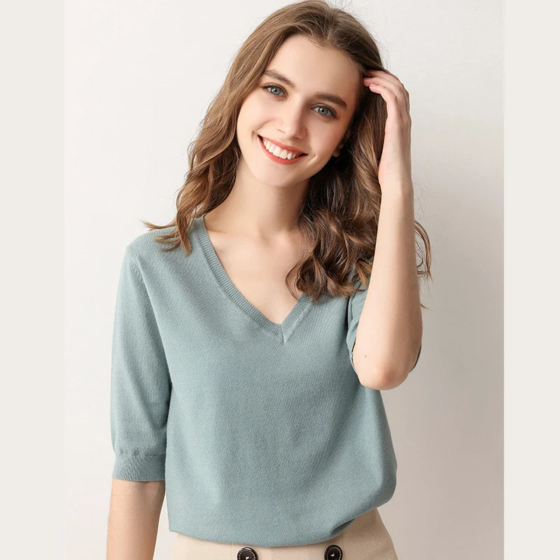 

2019 Autumn New Women V-Neck Pullovers Ladies Short Sleeve knitted Cashmere Sweater Female Slim Soft Solid Color Knitwear Top