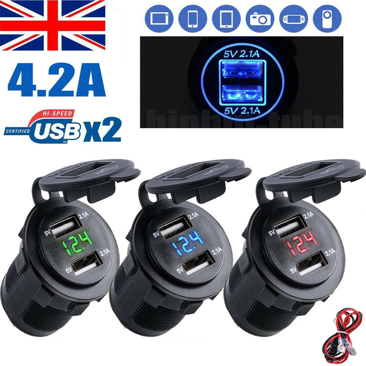 4.2A Dual USB IC Smart Charger Socket Waterproof Power Outlet with LED Voltmeter DC 12-24V car boat marine motorcycle ATV RV