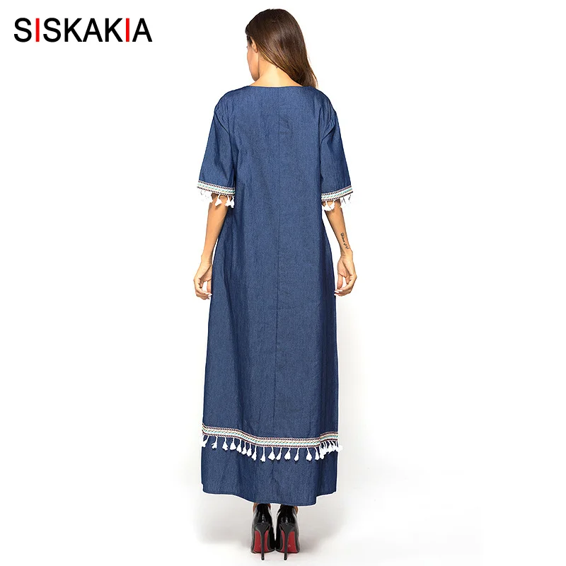 Siskakia джинсовое длинное платье длиной до щиколотки макси платья с кисточками