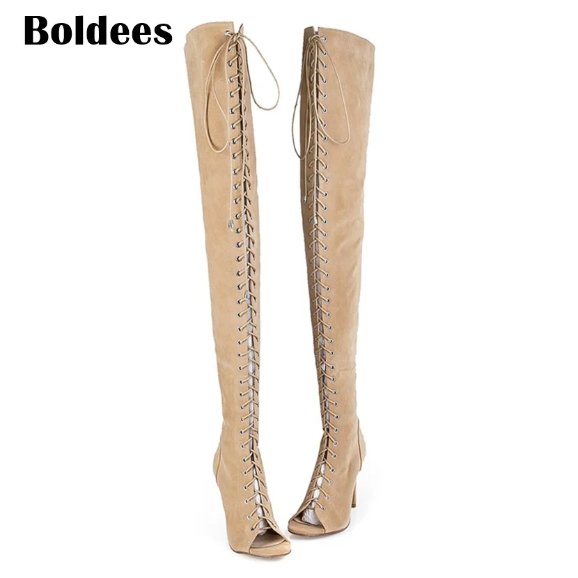 

Suede Lace Up Thigh High Boots Sexy Peep Toe Hollow Out Strappy Gladiator Summer Boots Women Over The Knee Botas Mujer
