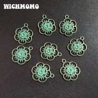 30pcsbag 17mm round retro patina plated zinc alloy green flowers charms pendants for diy jewelry accessories