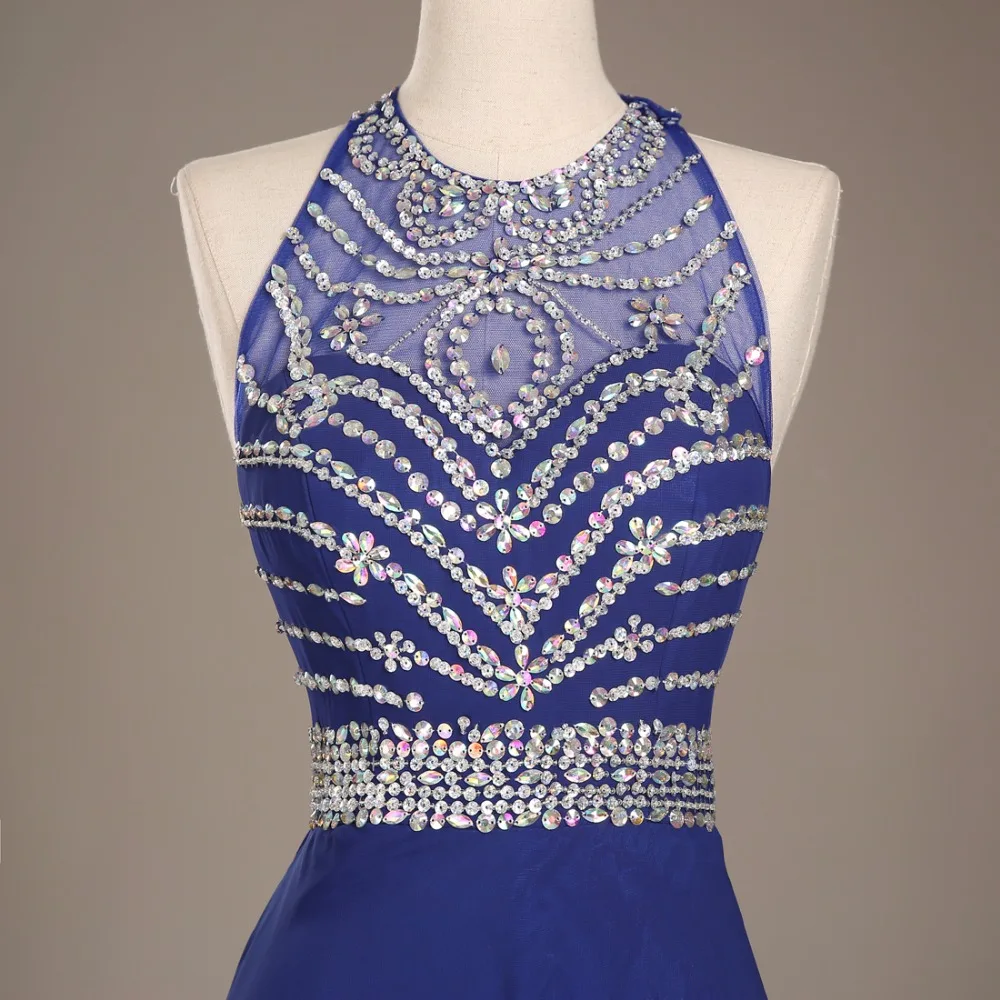 Королевский синий Длинные вечерние платья 2018 новая линия Кристаллы Baeded