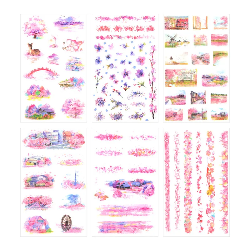 6pcs/pack Romantic Cherry Season Sakura Sticker Korean DIY Scrapbooking Dairy Photo Album Decoration Planner Stationery