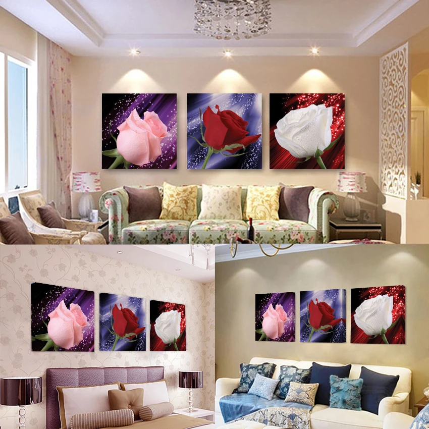 Картина маслом цветка 3 шт Холст Искусство современные красные розы украшение
