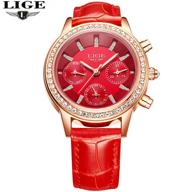 LIGE Элитный бренд Женская Мода Повседневное кожа кварцевые часы Дамы Алмазный