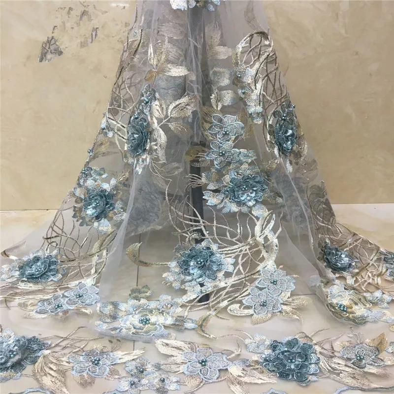 

3D Flower french lace fabric beaded 3D Flower Appliqued tulle net lace fabric with beads for women dress lace xc15-22