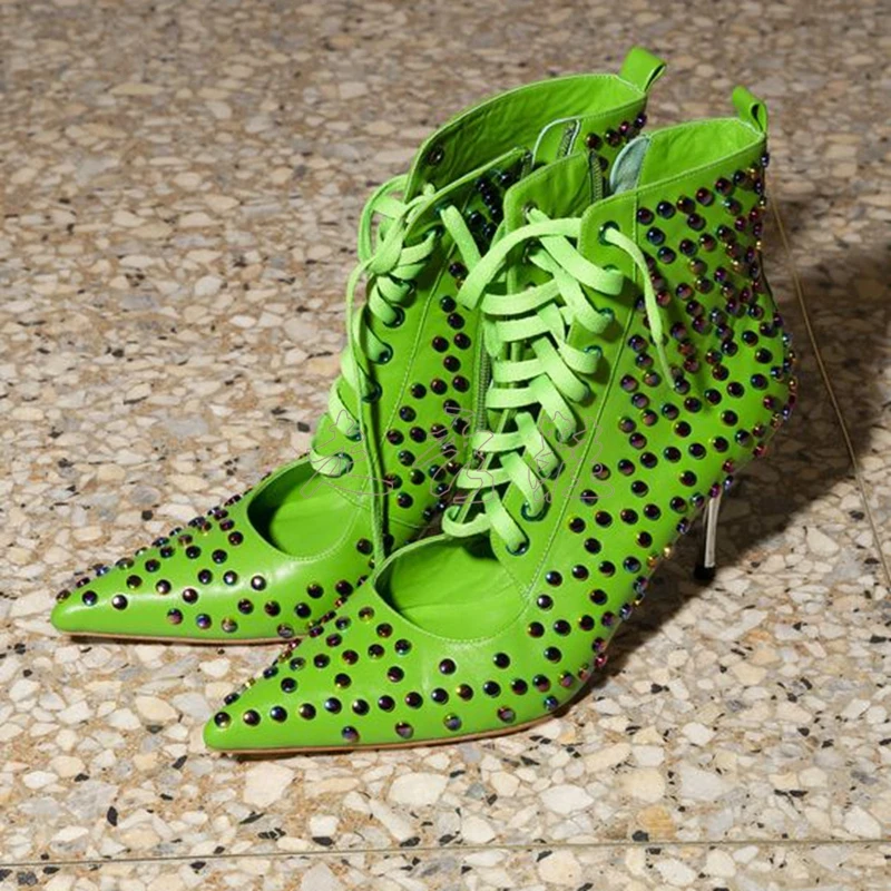 

Rivets Stud Genuine Leather Ankle Boots Woman Green Cross-tied Satin Short Boots Fashion Pointed Toe Lace-up Women Ankle Boots