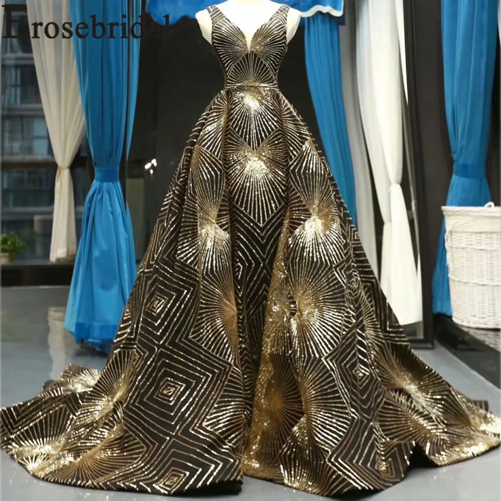 Женское вечернее платье со шлейфом Erosebridal золотистое длинное трапециевидной