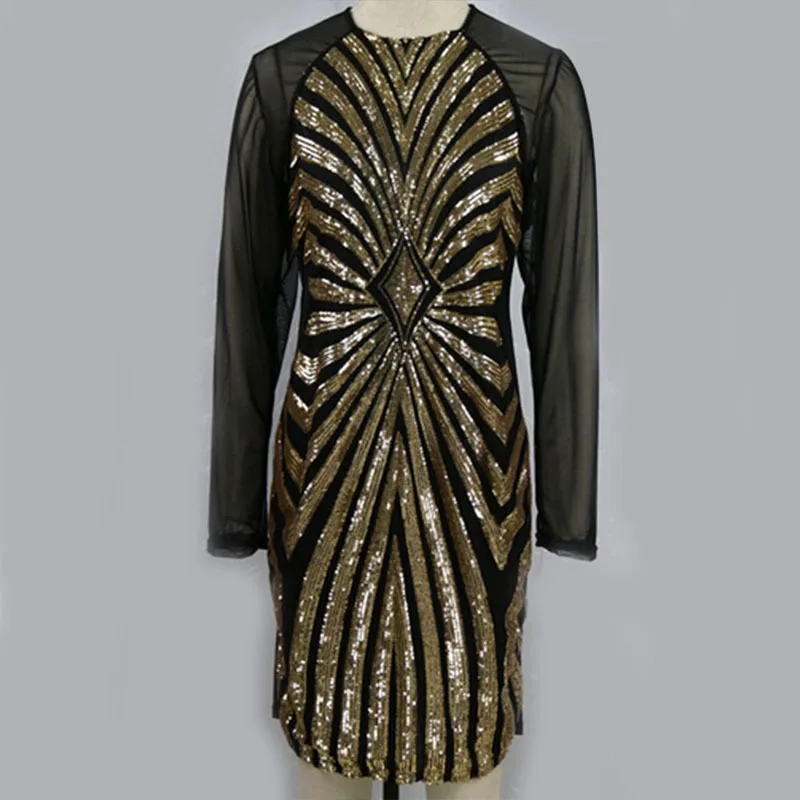 Плюс размер золото sequin dress черный с длинным рукавом сетки партии клуба bodycon