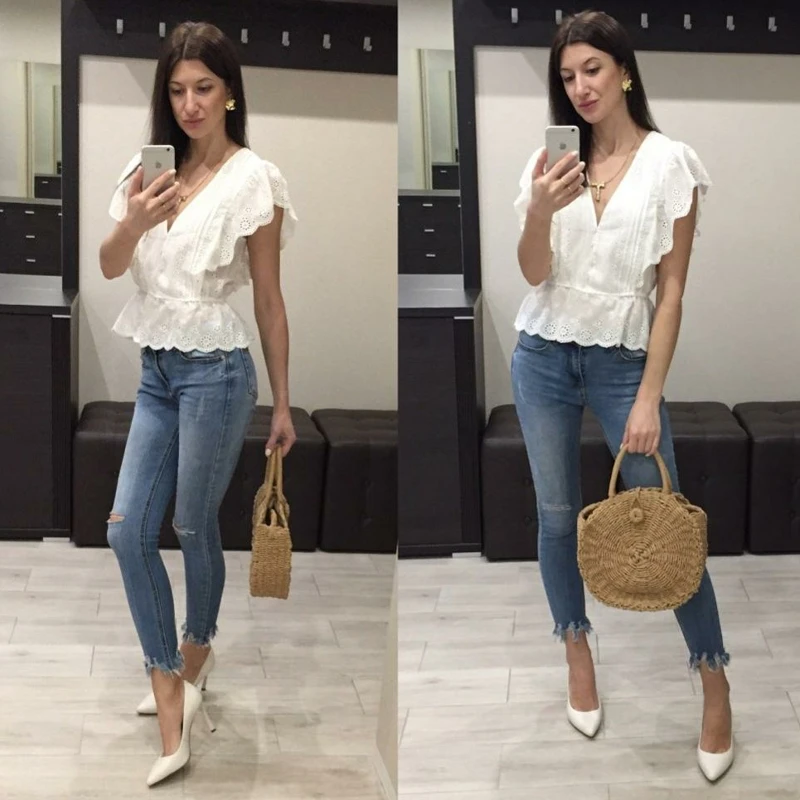 JaMerry Causal white embroidery lace hollow out blouse shirt women Ruffles woman blouse top Female elastic waist cotton tops