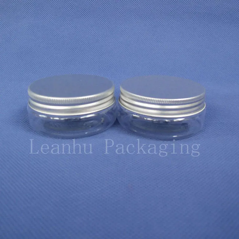 

50ml - 60ml empty plastic face cream containers with aluminum lid, round clear PET bottles for cosmetic packaging, 20pc/lot