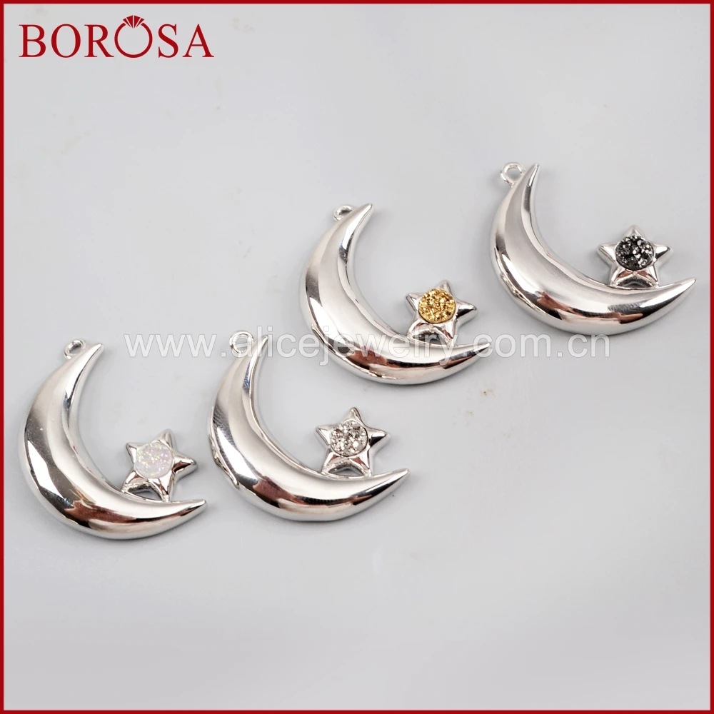 BOROSA Drusy Jewelry 6PCS Silver Color Moon Shape Star Round Druzy Charm Crescent Pendant for Women WX965 | Украшения и