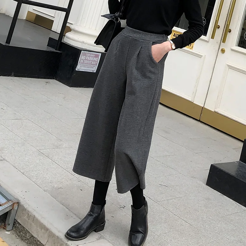 Женские широкие брюки pantalon черные повседневные с высокой талией в Корейском