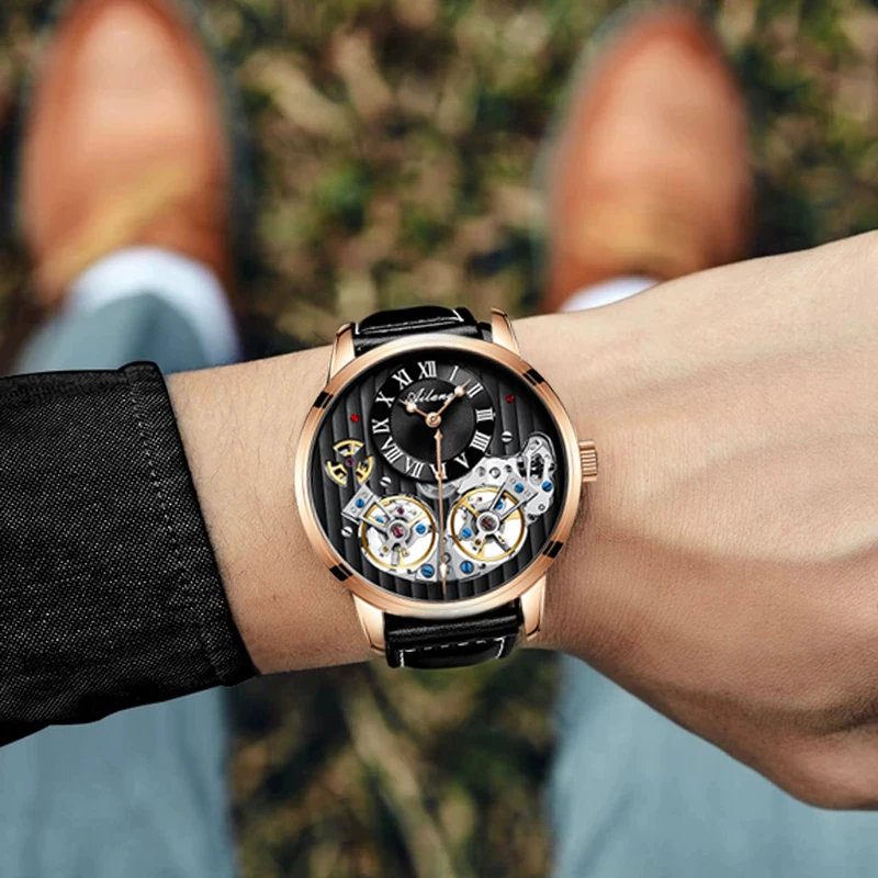 AILANG роскошные черные часы дорогой двойной турбийон Швейцария мужские лучший