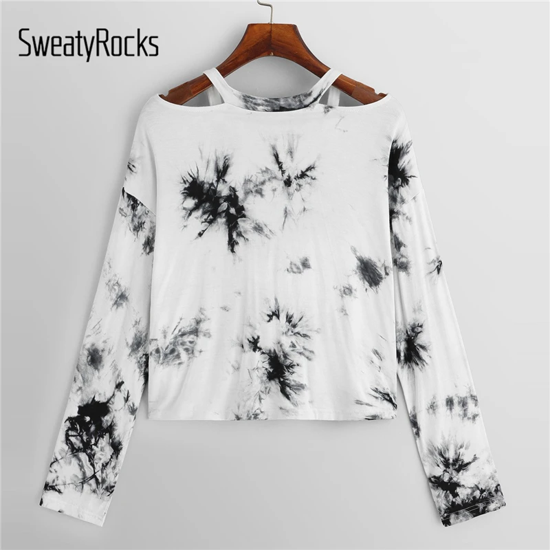 SweatyRocks Футболка с принтом Tie Dye Twist спереди, уличная одежда, контрастный воротник, v-образный вырез, укороченный пуловер, топы, весна, повседневные Модные женские футболки