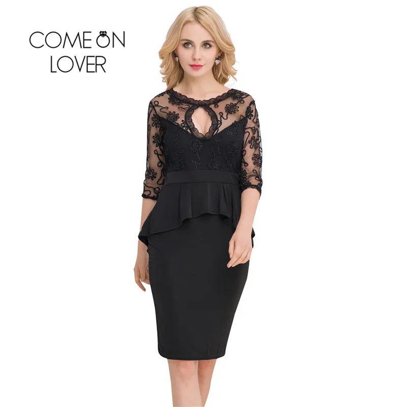 Ro80206 Comeonlover платье с коротким рукавом и вышивкой черное баской цветочное