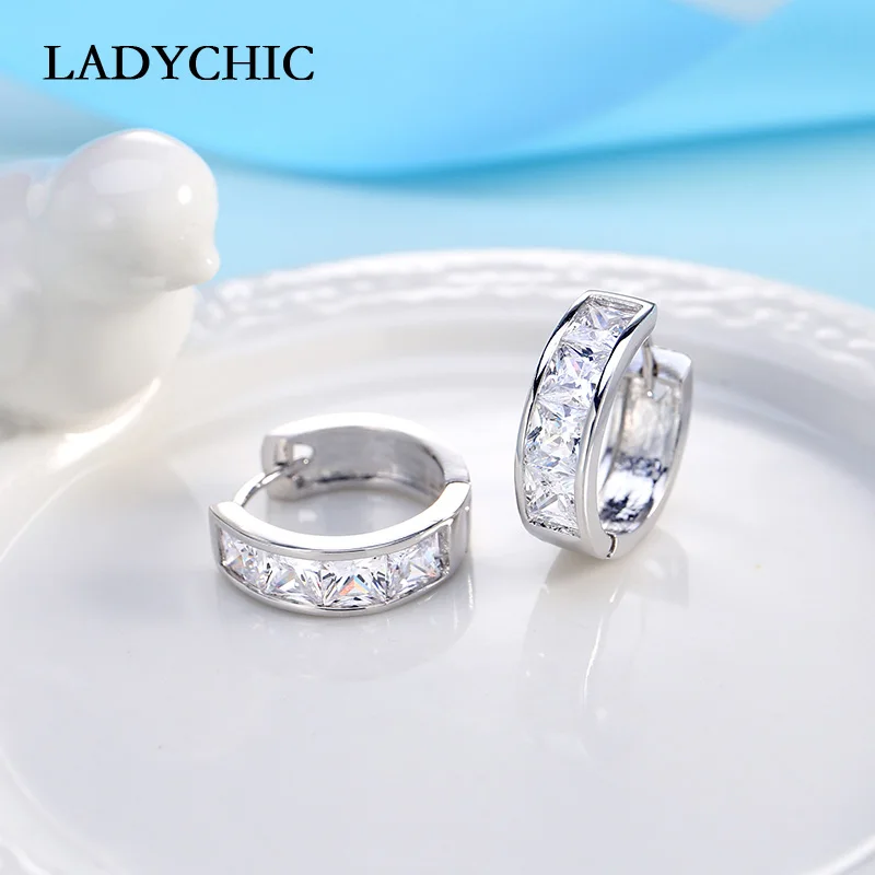 LADYCHIC Luxury Ladies Princess Cut AAA Cubic Zirconia Hoop Earrings Trendy Women Silver Color Shinning Jewelry Earring LE1006 | Украшения