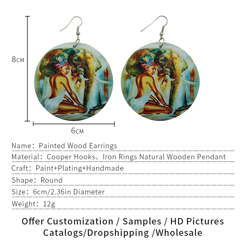 

SOMESOOR Painted African Eco Tribal Wood Drop Earrings Black Headwrap Woman Elephant Pattern Afrocentric Art Jewelry Accessory