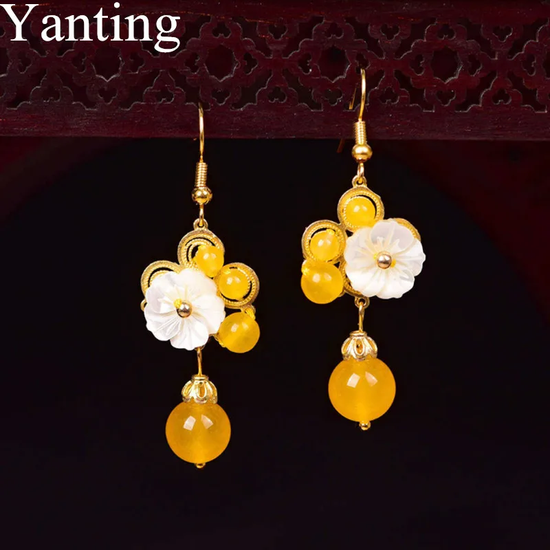 Yanting Роскошные дворцовые серьги для женщин, винтажные массивные серьги ручной работы, ювелирное изделие, этнический желтый халцедон, женские серьги 0416