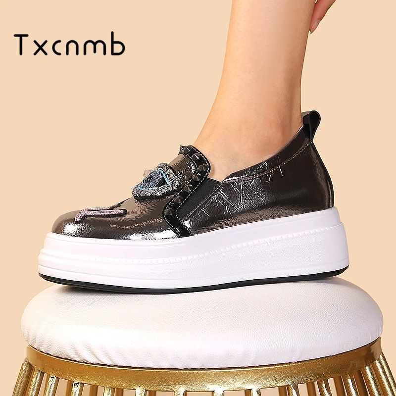 

TXCNMB 2020 Fashion Genuine Leather Women Flats Round Toe platform Casual Shoes Woman Euro Style New Summer Single Shoes