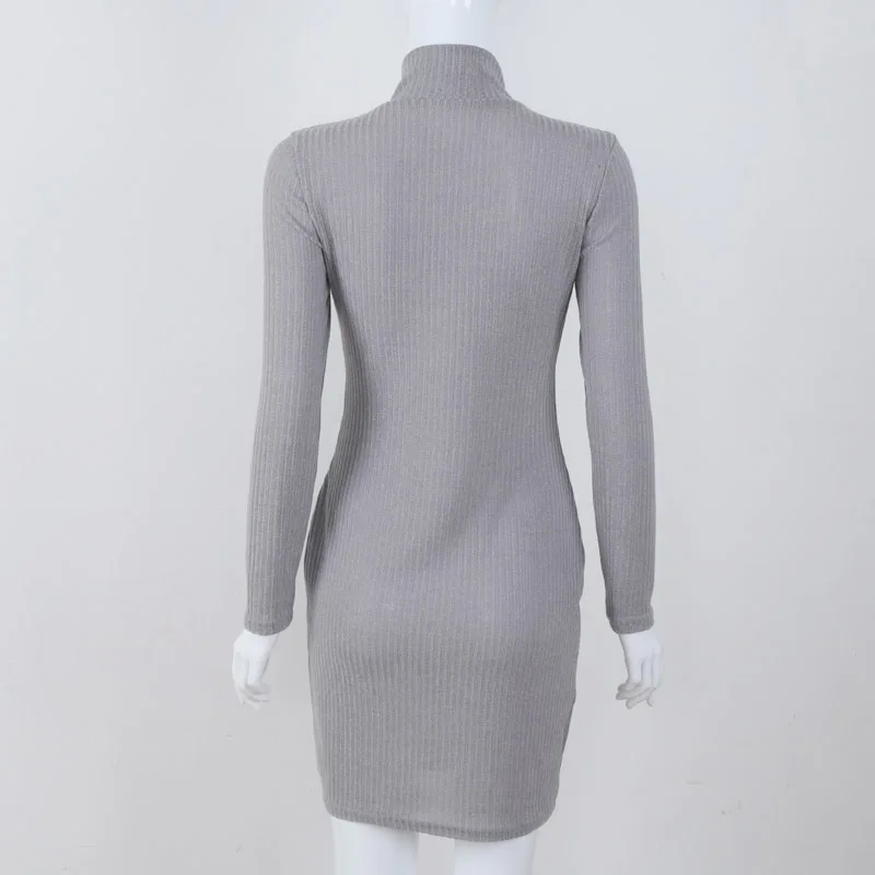 

Autumn Winter Women Dresses Casual Turtleneck Bodycon Dress High Elasticity Long Sleeve Knitted Sweater Slim Vestidos WS4277X