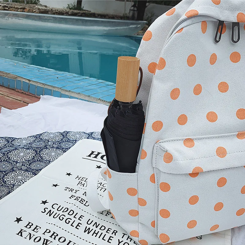 Черный белый холщовый рюкзак с принтом в горошек Женский школьный для