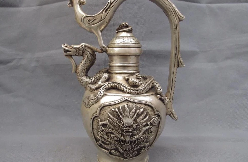 

Китайский Королевский белый медный серебряный дракон феникс чайник, кувшин винный горшок