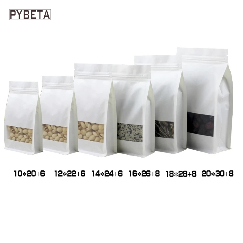 

50pcs/lot- 6 sizes available Ziplock Stand up White Kraft Paper Bag with clear matt Window Side Gusset Pouch for food candy