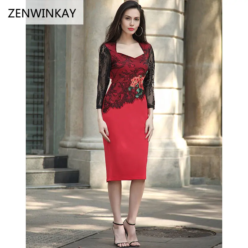 2017 женщины карандаш slim dress женская кружева midi платья женщин половина рукава o шеи