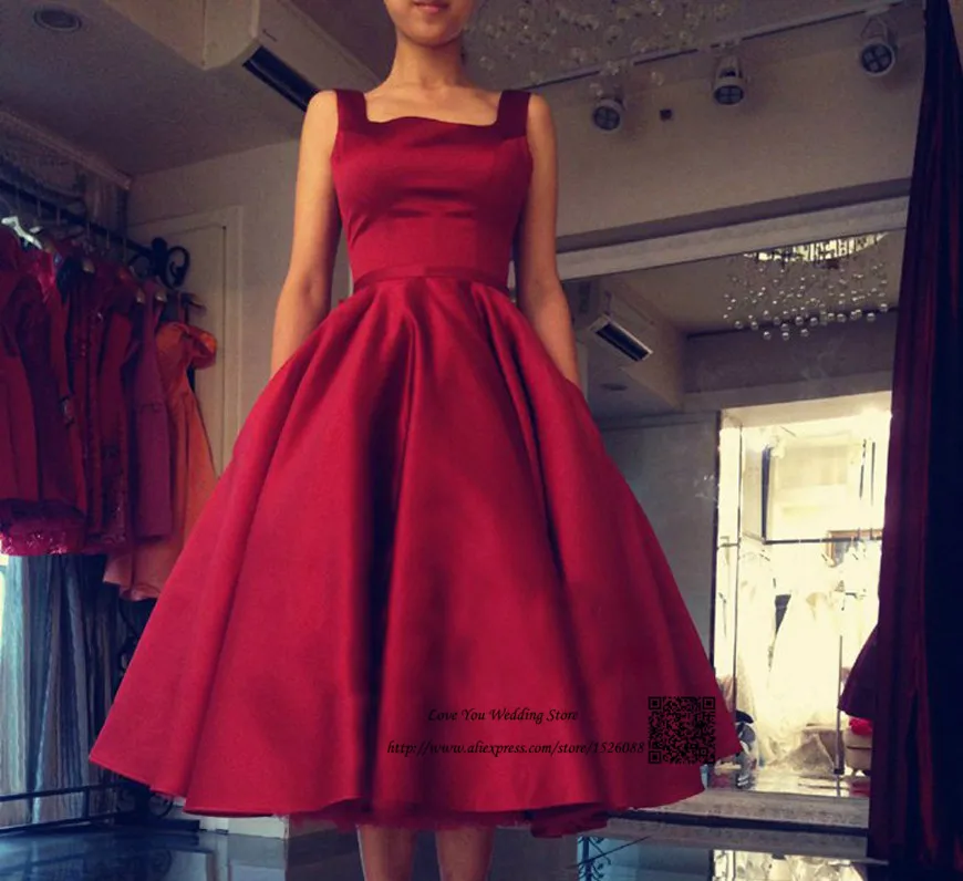 Burgundy Evening Dresses 2016 Short Prom Dress Backless Bow Satin Tea Length Imported Party Square Vestido de Festa Curto | Свадьбы и