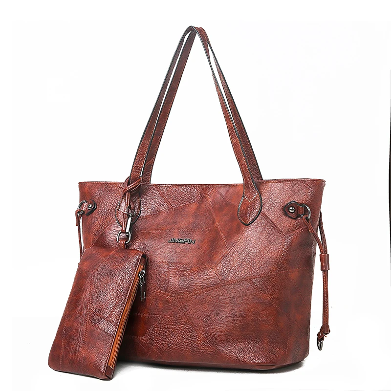 Винтажная женская большая емкость сумки на плечо 2 комплекта кожаная сумка тоут