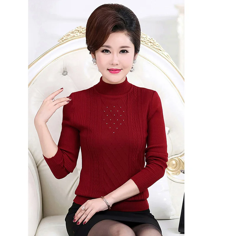 Autumn Winter Middle-Aged-Old-Women's Knitting Sweater Long Sleeve Mother Solid Shirt Pullovers Round Turtleneck Coat Onesize | Женская