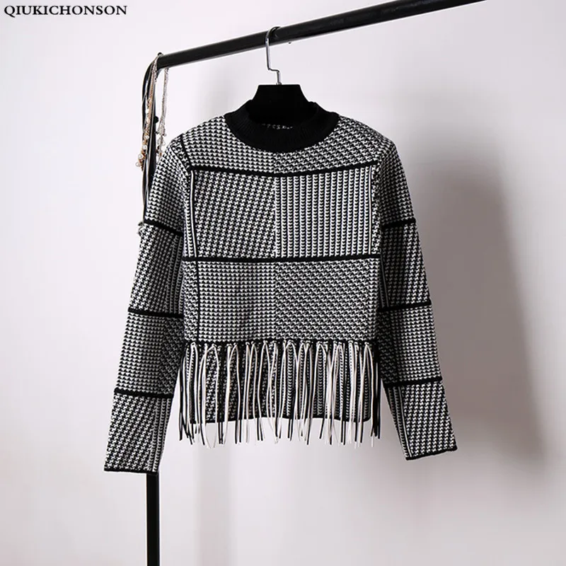 Houndstooth batwing sweater women 2018 autumn winter pullover feminino vintage korean fashion tassel knitted plaid thick | Женская