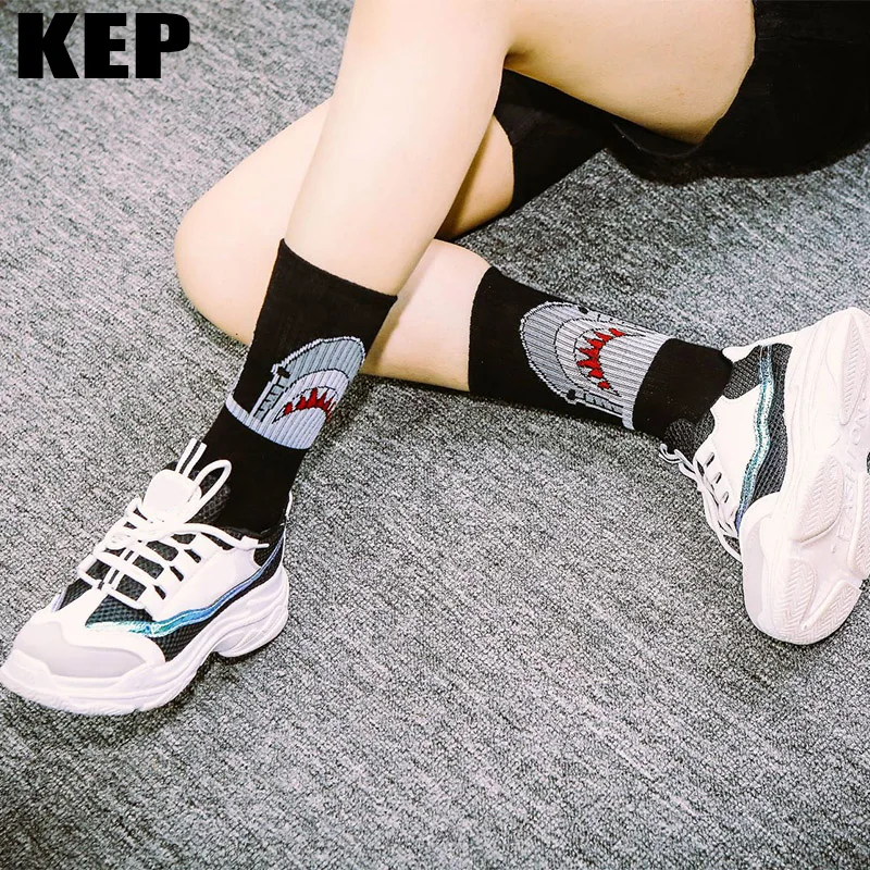 Women Socks Spring Fashion Trend Street Unisex Shark Cotton Hip Hop Popular Harajuku Crew Casual Skate Student Sox Female - купить по