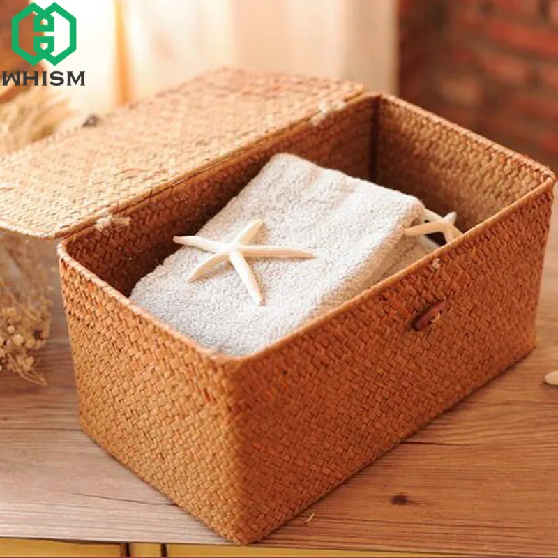 WHISM плетеная корзина для хранения с крышкой из ротанга коробка для хранения мелочей плетеная корзина ручной работы сортировочные коробки Seagrass органайзер для ювелирных изделий
