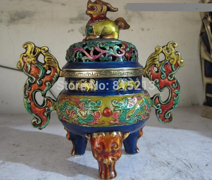 

bi00952 Chinese Copper Bronze Painted Dragon Phoenix Foo Dog Lion Censer incense burner