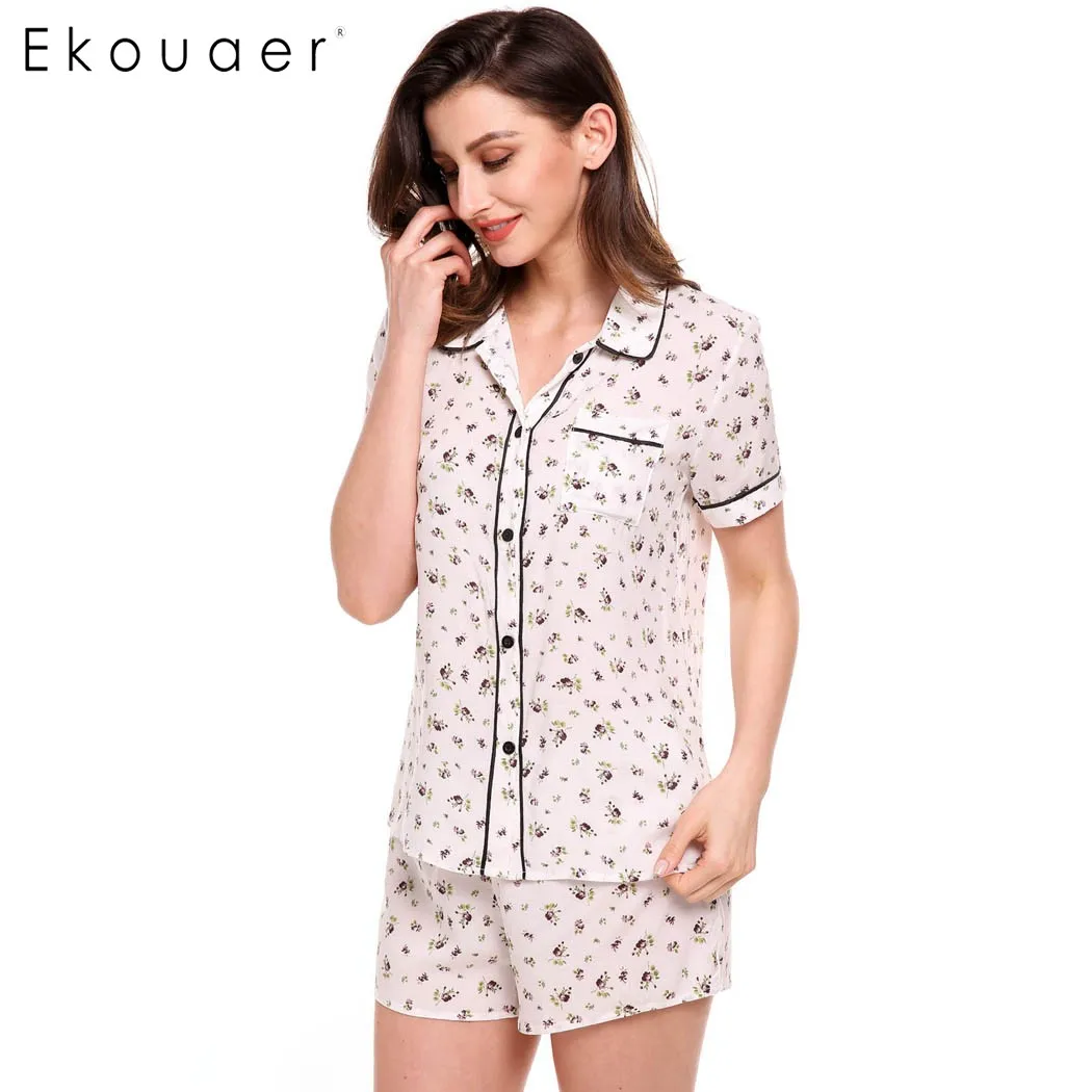 Ekouaer/Пижама с цветами комплект женская повседневная одежда для сна коротким