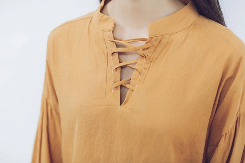 Dioufond Повседневное желтый и белая блузка троса Фонари рукавами хлопковая рубашка