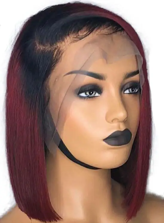 Simbeauty1b/99j бордовый Омбре человеческих волос полный парик шнурка короткий парик-Боб бразильский Реми с волосами младенца отбеленные узлы предварительно сорвал - Цвет: 1B 99j