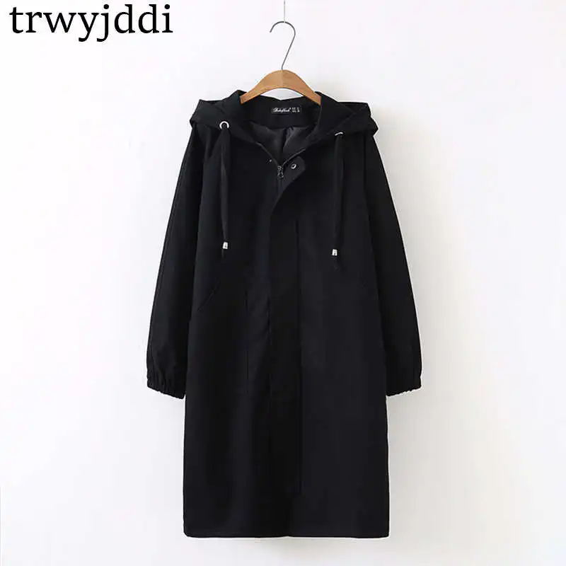 black trench coat Более размеры d демисезонный Женская ветровка пальто с капюшоном свободные плюс верхняя одежда повседневное Женский Длинный плащ 4XL N685 - Цвет: black trench coat